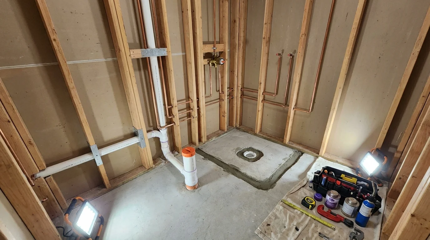 Bathroom rough-in plumbing during remodel by Johns Plumbing LLC in Kimberly
