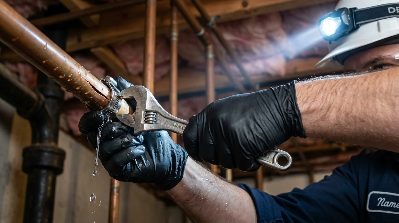 Emergency pipe clamp repair being performed by a Johns Plumbing LLC plumber in Kimberly